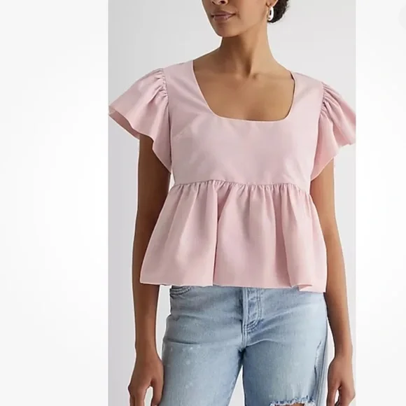 😊 Express Square Neck Flutter Sleeve Peplum Babydoll Top Pastel Pink - Picture 2 of 6